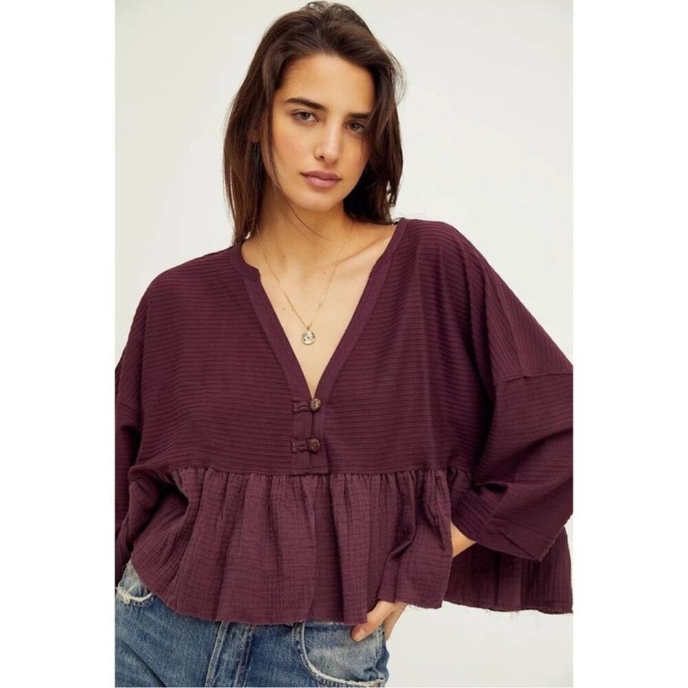 Free People We The Free Dallas Crop‎ Henley Boxy Boho Top Purple Eggplant Size L